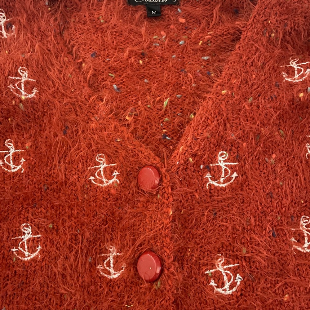 Red and White Nautical Anchor Cardigan Sweater